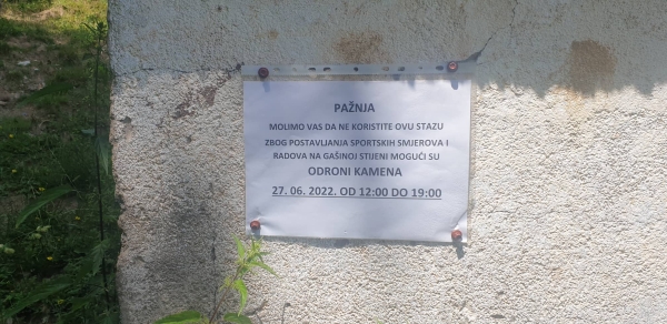 Radovi na Gašinoj stijeni - upozorenje