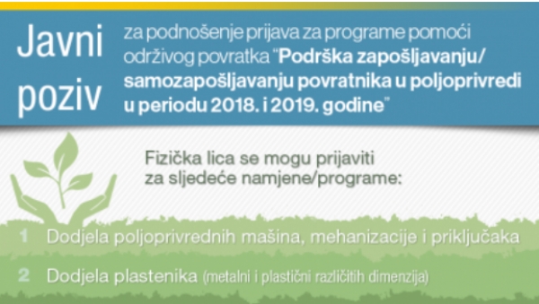 Javni poziv &quot;Podrška zapošljavanju/samozapošljavanju povratnika u poljoprivredi u periodu 2018. i 2019. godine“