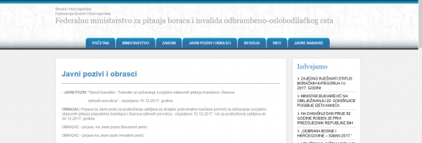 Javni poziv Federalnog ministarstva za pitanje branitelja i invalida domovinskog rata (jednokratna pomoć)