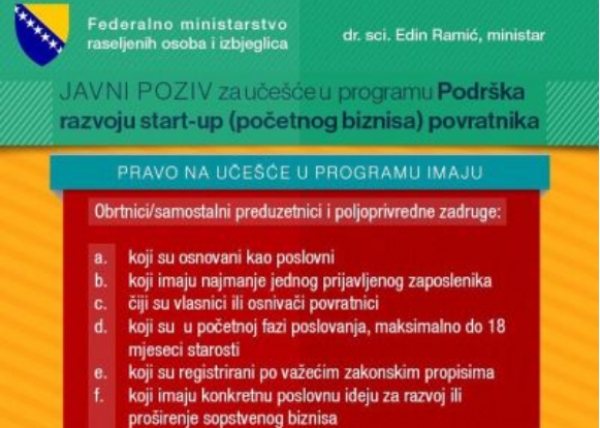 Javni poziv - PODRŠKA RAZVOJU START-UP (POČETNOG BIZNISA) POVRATNIKA