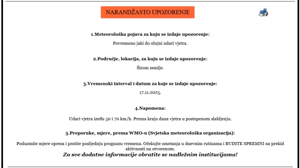 Upaljen narančasti meteoalarm - upozorenje iz Civilne zaštite Vareš