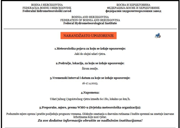 Narančasto upozorenje - jak vjetar 16. i 17.04.2025.