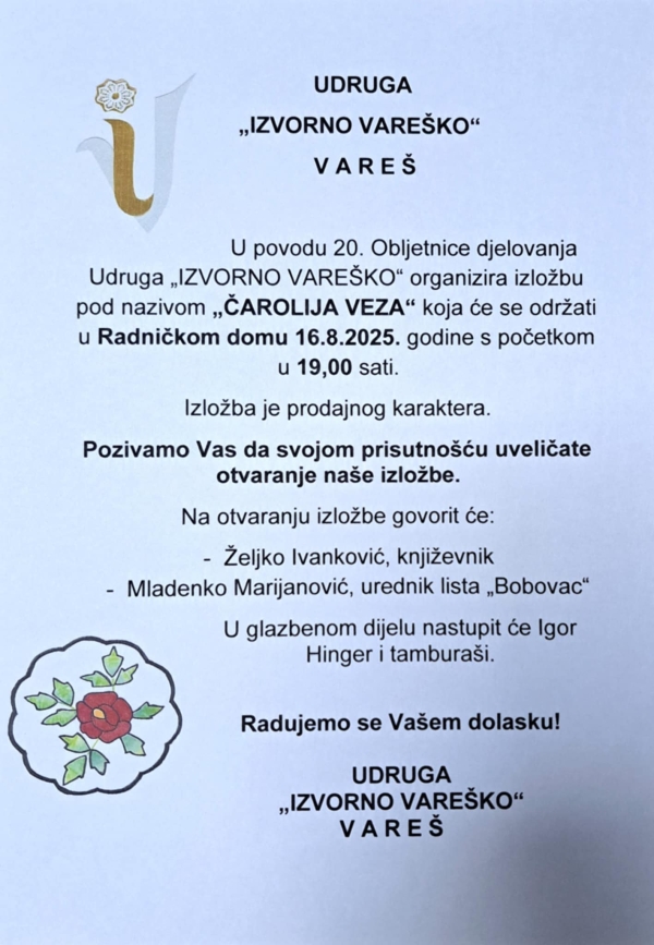 Najavljujemo izložbu „Čarolija veza“ za 20. rođendan udruge Izvorno vareško