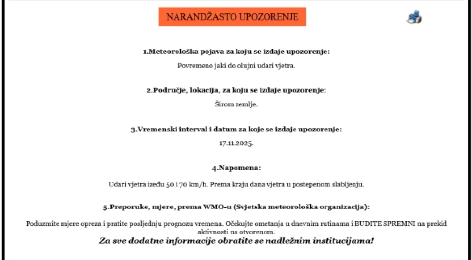 Upaljen narančasti meteoalarm - upozorenje iz Civilne zaštite Vareš